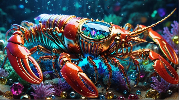 JewelEncrusted Mechanical Lobster in Coral Reef