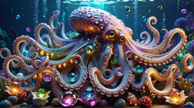 JewelEncrusted Mechanical Octopus in Coral Reef