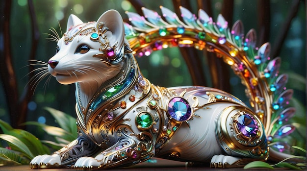 JewelEncrusted Mechanical Weasel in Mystical Forest