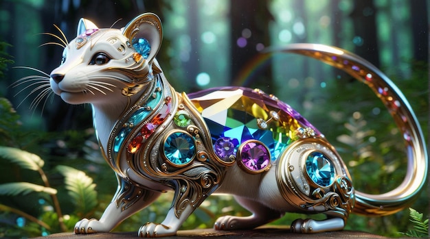 JewelEncrusted Mechanical Weasel in Mystical Forest