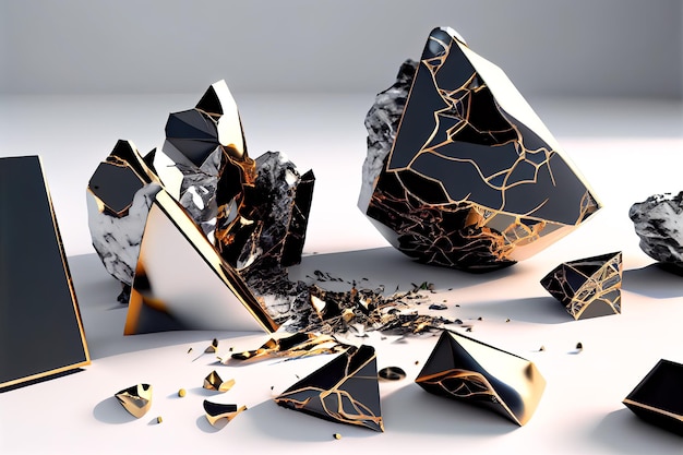 Jewelry background 2d pieces of broken marble and gold Generative AI