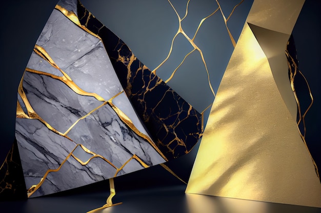 Jewelry background 3d pieces of broken marble and gold Generative AI