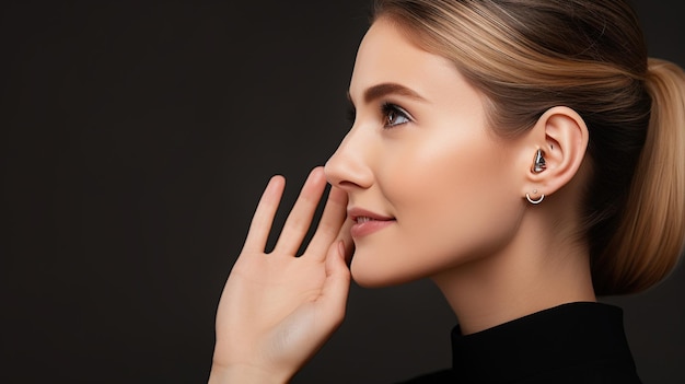 Jewelry concept Portrait of beautiful young female model wearing silver earrings Closeup of woman with clean skin posing in studio background