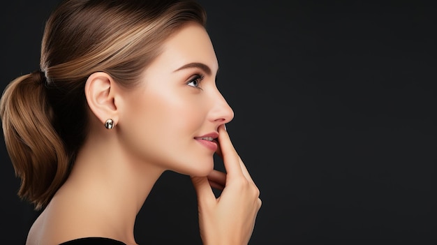 Jewelry concept Portrait of beautiful young female model wearing silver earrings Closeup of woman with clean skin posing in studio background