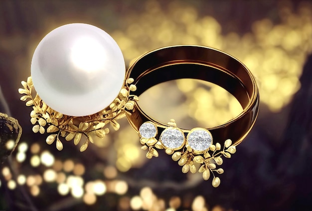 jewelry gold rings with white pearl and diamond women accessories