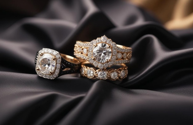 Jewelry rings with diamond on black cloth soft focus