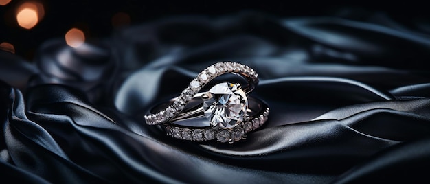 Jewelry rings with diamond on black cloth soft focus