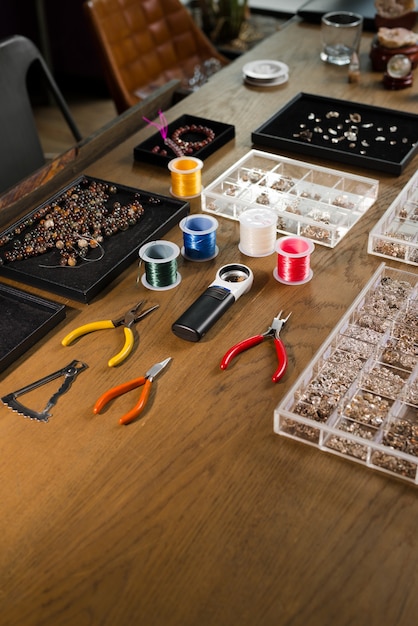 Jewelry tools. Goldsmith workplace. Hand craft. Workshop.