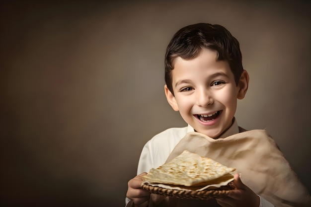 Jewish boy holding Homemade matzah in his hands Passover Generative AI 4