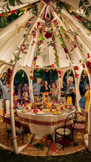 Jewish festival of Sukkot Traditional succah hut from white fabric and colorful decorations