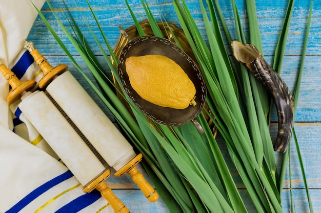 Jewish festival traditional symbols of Sukkot with four species etrog lulav hadas arava