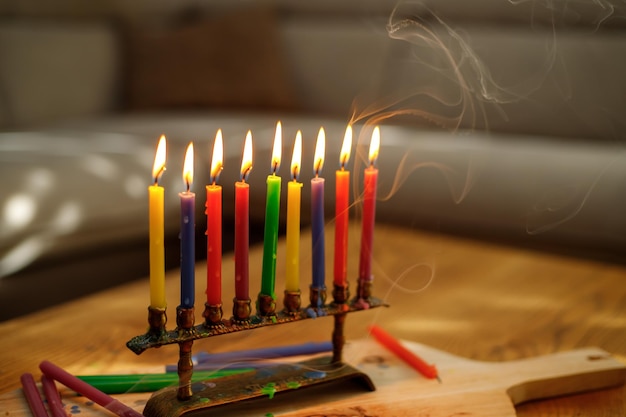 Jewish holiday Hanukkah background Selective focus