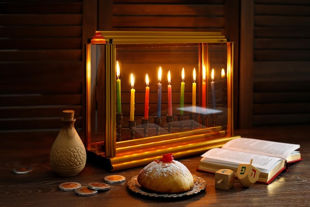 Jewish holiday Hanukkah background Selective focus