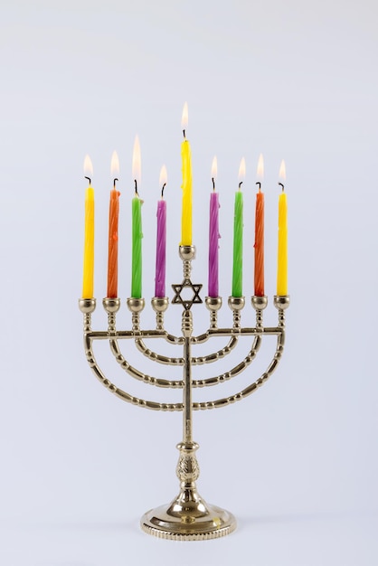 Jewish holiday hanukkah symbols of menorah with copy space white background