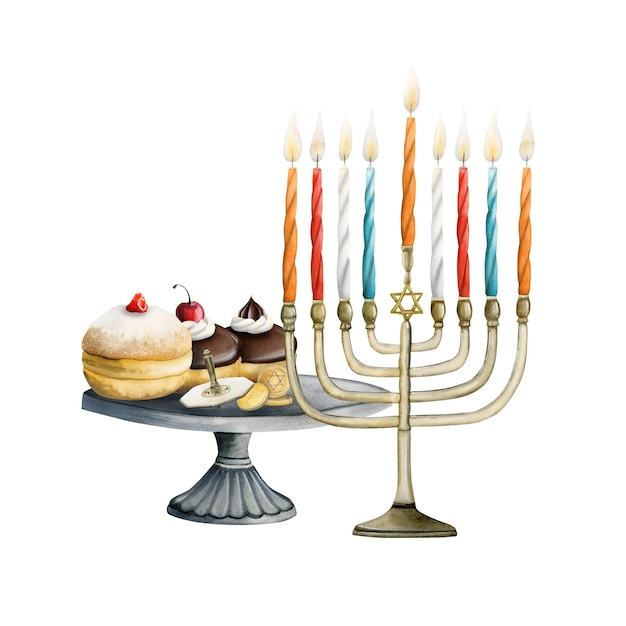 Photo jewish holiday hanukkah symbols with menorah candles dreidel traditional donuts for hanuka card