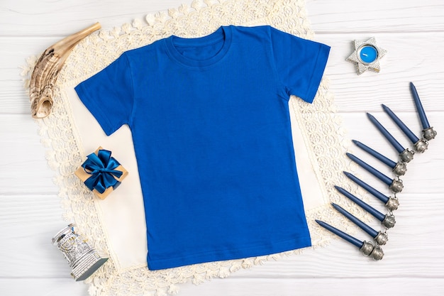 Jewish holiday hanukkah t shirt mock up with menorah