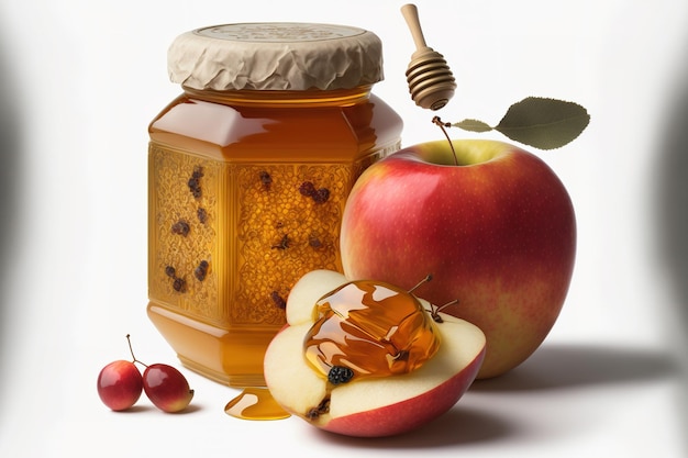 Jewish new years apples and honey jar isolated on a white backdrop