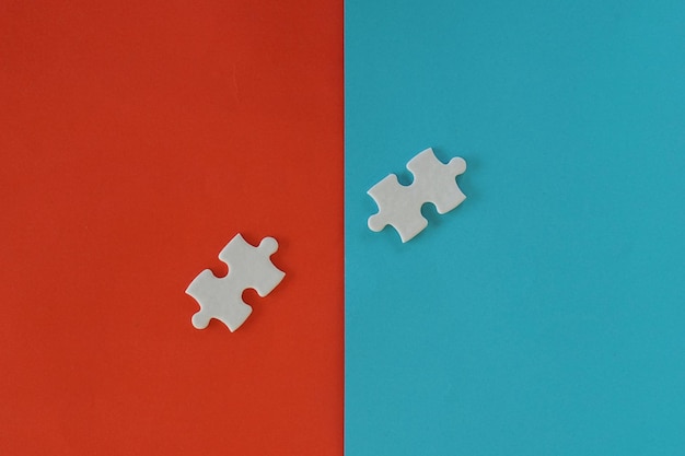 Photo jigsaw pieces on the red and blue background