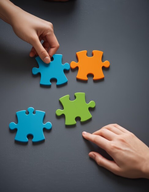 Photo jigsaw puzzle symbol of teamwork business hand connecting partner brainstorming background banner 3d