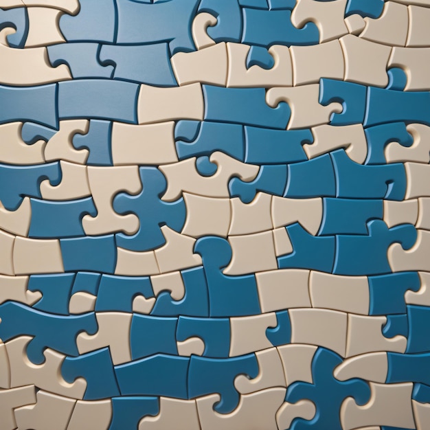 Jigsaw puzzle with blue and white puzzle pieces that have been stacked together.