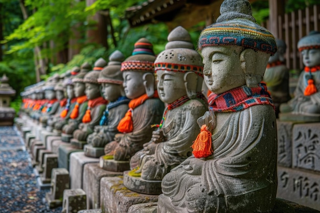 Jizo statues at Zojoji temple adorned with clothing and toys