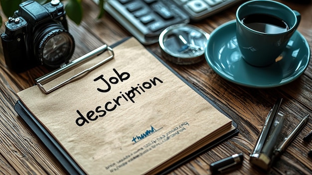 Job description document on wooden desk setup flatlay photography