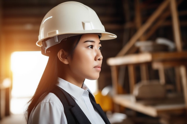 Job woman industry smile asian industrial engineer business portrait helmet foreman Generative AI