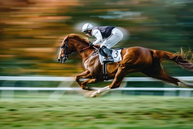 Photo a jockey in action riding a racehorse during a competitive horse race captured with dynamic motion and intensity