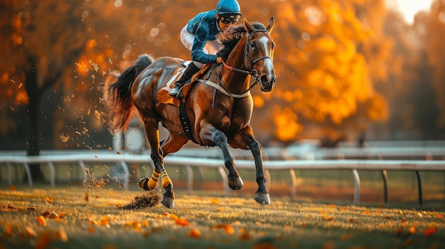 Jockey in blue helmet and yellow boots races horse on autumn track