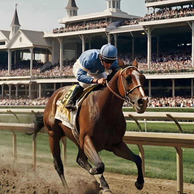 a jockey on a horse is racing on a track with a building in the background