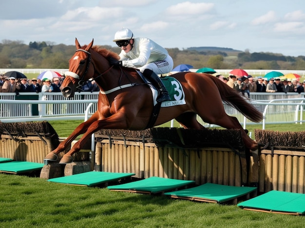 a jockey riding a horse over a barrier with the number 8 on it