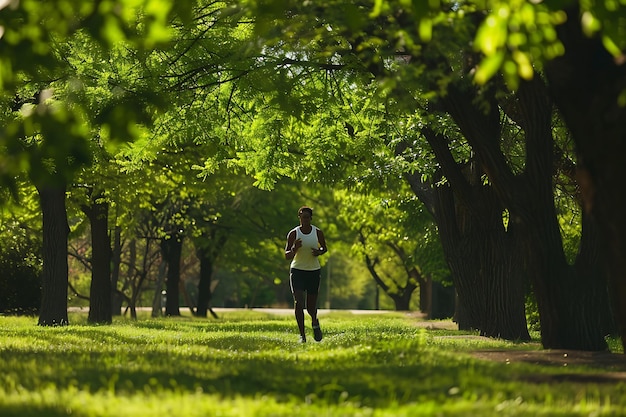 Photo a jogger runs through a lush verdant park surrounded by the serene beauty of nature