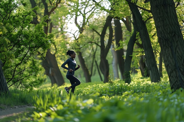 Photo a jogger runs through a lush verdant park surrounded by the serene beauty of nature