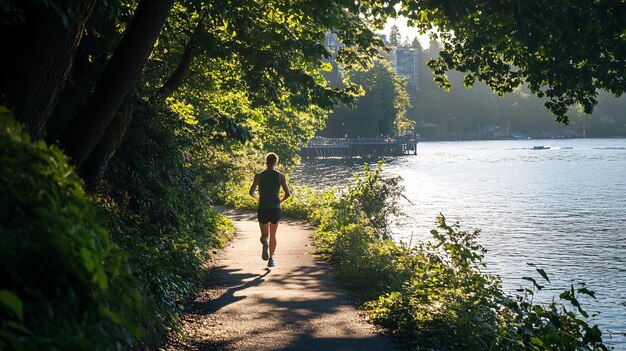 Photo jogging activity in summer a runners face showing determination and enjoyment with the