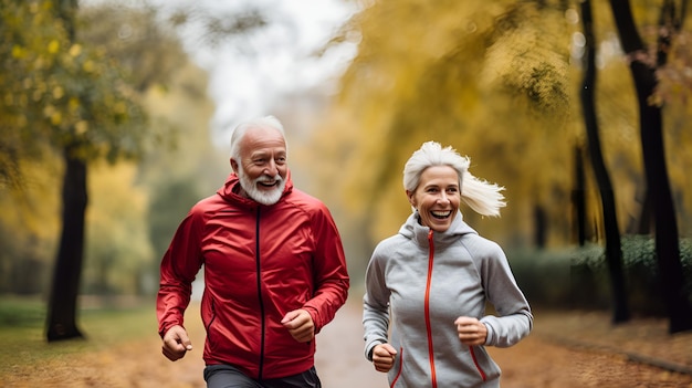 Jogging in a Scenic Park Aged Couple Embracing Active Lifestyle jogging scenic park aged couple active lifestyle