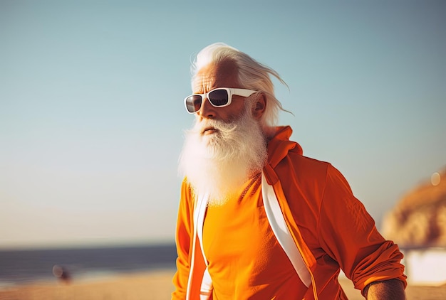 jogging senior man with white beard in the style of light amber and orange