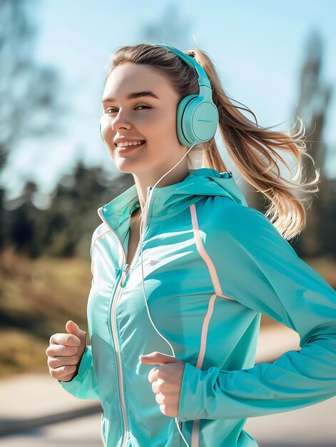 Photo jogging woman portrait shot with headphones fitness lifestyle exercise