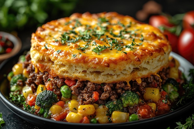 Photo john wayne casserole hearty layered dish with taco meat buttery biscuits vegetables and cheese