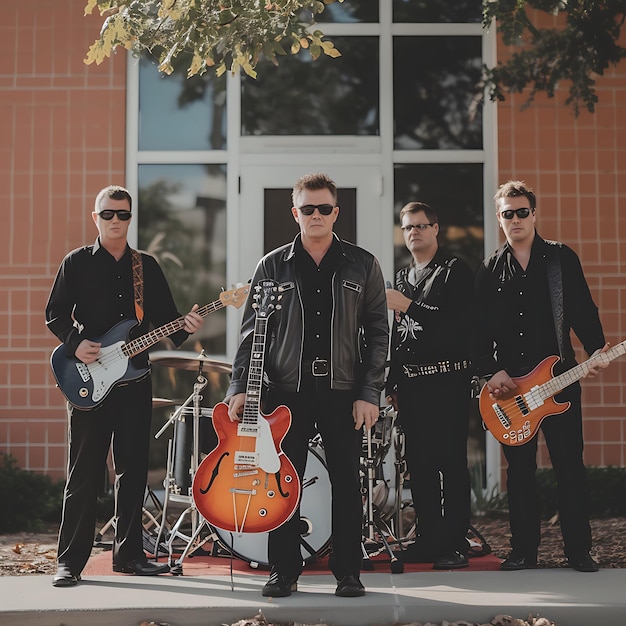 Photo johnny cash tribute band poses outside building