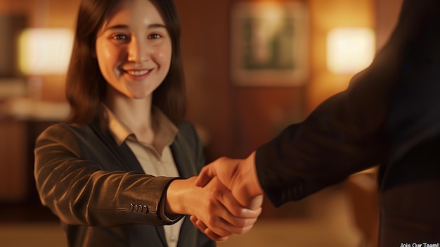 Join Our Team Smiling Handshake in Soft Warm Lighting