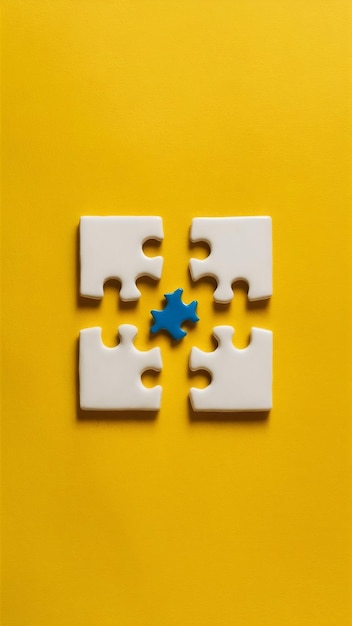 Joint white puzzle with a blue single piece on yellow surface