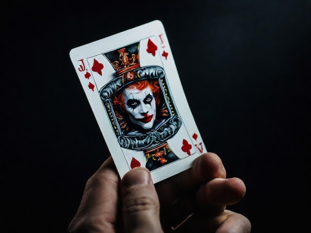 A Joker card on a black background close up shot Male hand holds a playing card Joker from a Crow