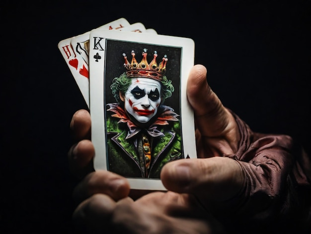 A Joker card on a black background close up shot Male hand holds a playing card Joker from a Crow