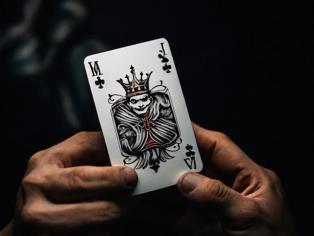 A Joker card on a black background close up shot Male hand holds a playing card Joker from a Crow