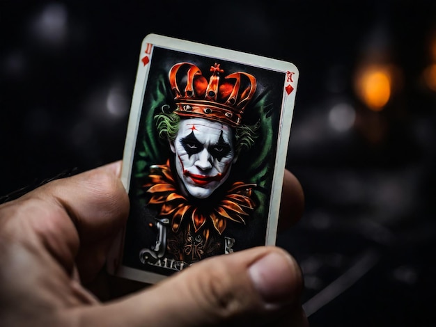 A Joker card on a black background close up shot Male hand holds a playing card Joker from a Crow