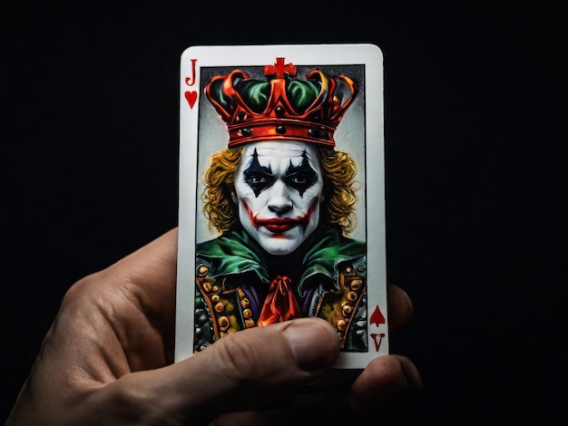 A Joker card on a black background close up shot Male hand holds a playing card Joker from a Crow