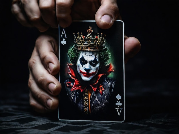 A Joker card on a black background close up shot Male hand holds a playing card Joker from a Crow