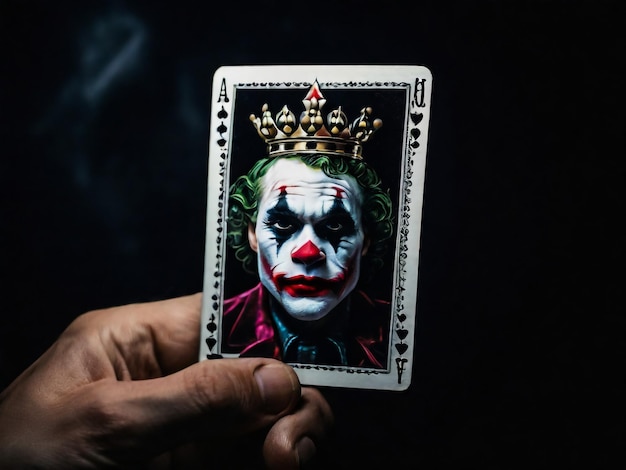 A Joker card on a black background close up shot Male hand holds a playing card Joker from a Crow