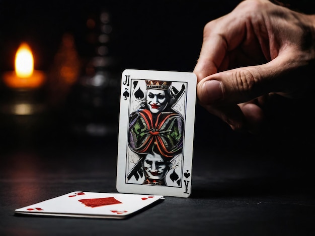 A Joker card on a black background close up shot Male hand holds a playing card Joker from a Crow