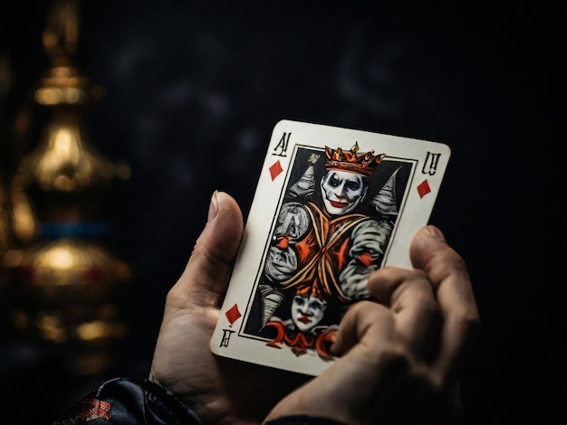 A Joker card on a black background close up shot Male hand holds a playing card Joker from a Crow